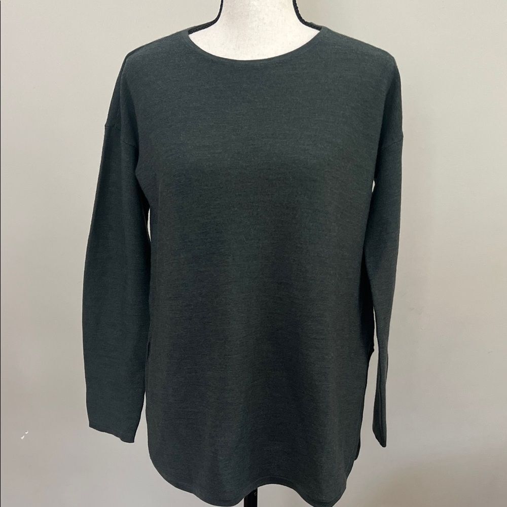 Eileen Fisher Dark Olive Long-Sleeve Crewneck Top Petite Small